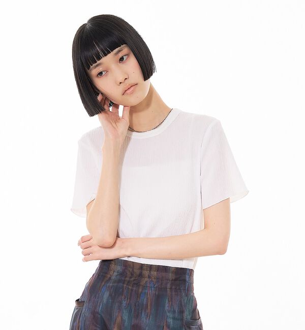 NOMINE「楊柳シボ感 リンガーTシャツ ｜ 半袖 リブ切替 クロップド丈」|Tシャツ・カットソー|