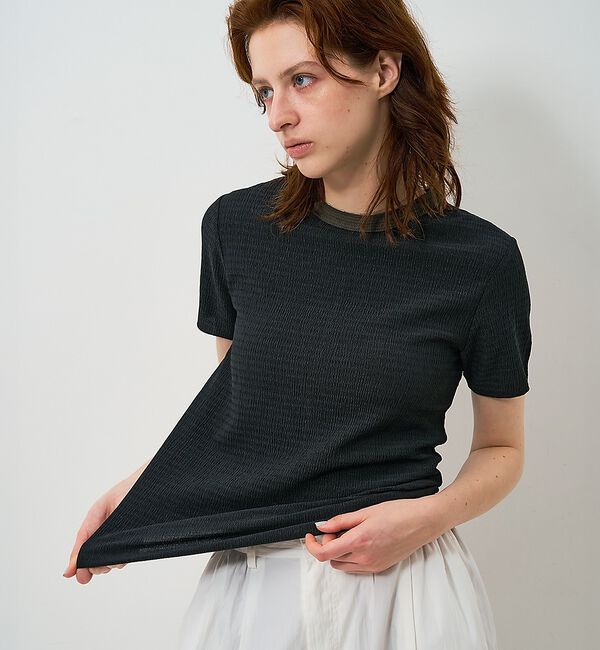 NOMINE「楊柳シボ感 リンガーTシャツ ｜ 半袖 リブ切替 クロップド丈」|Tシャツ・カットソー|ブラック系その他2