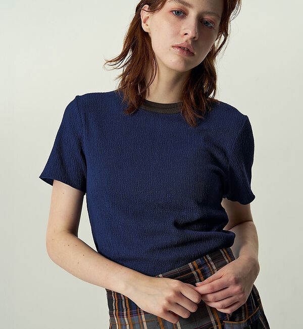 NOMINE「楊柳シボ感 リンガーTシャツ ｜ 半袖 リブ切替 クロップド丈」|Tシャツ・カットソー|ネイビー
