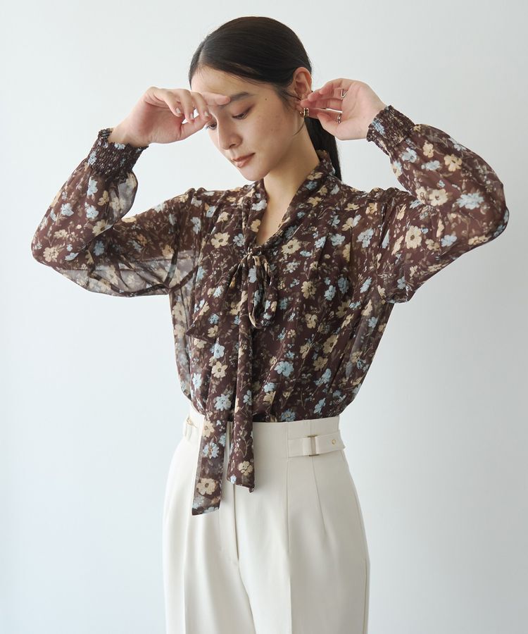 YECCA VECCA「フラワー柄シアーボウタイブラウス」|シャツ・ブラウス|