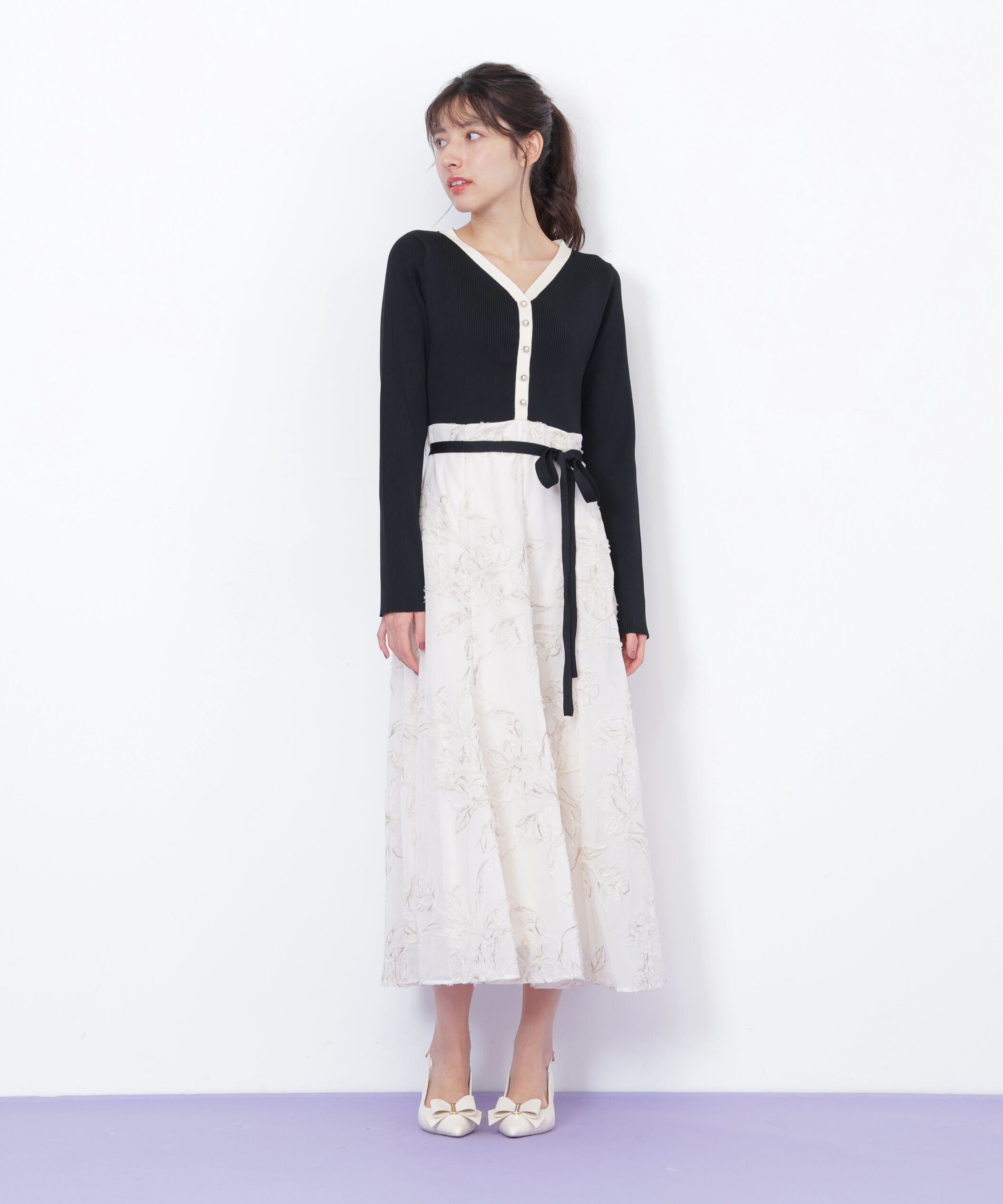  「モール刺繍ドッキングニットワンピース」|ワンピース|