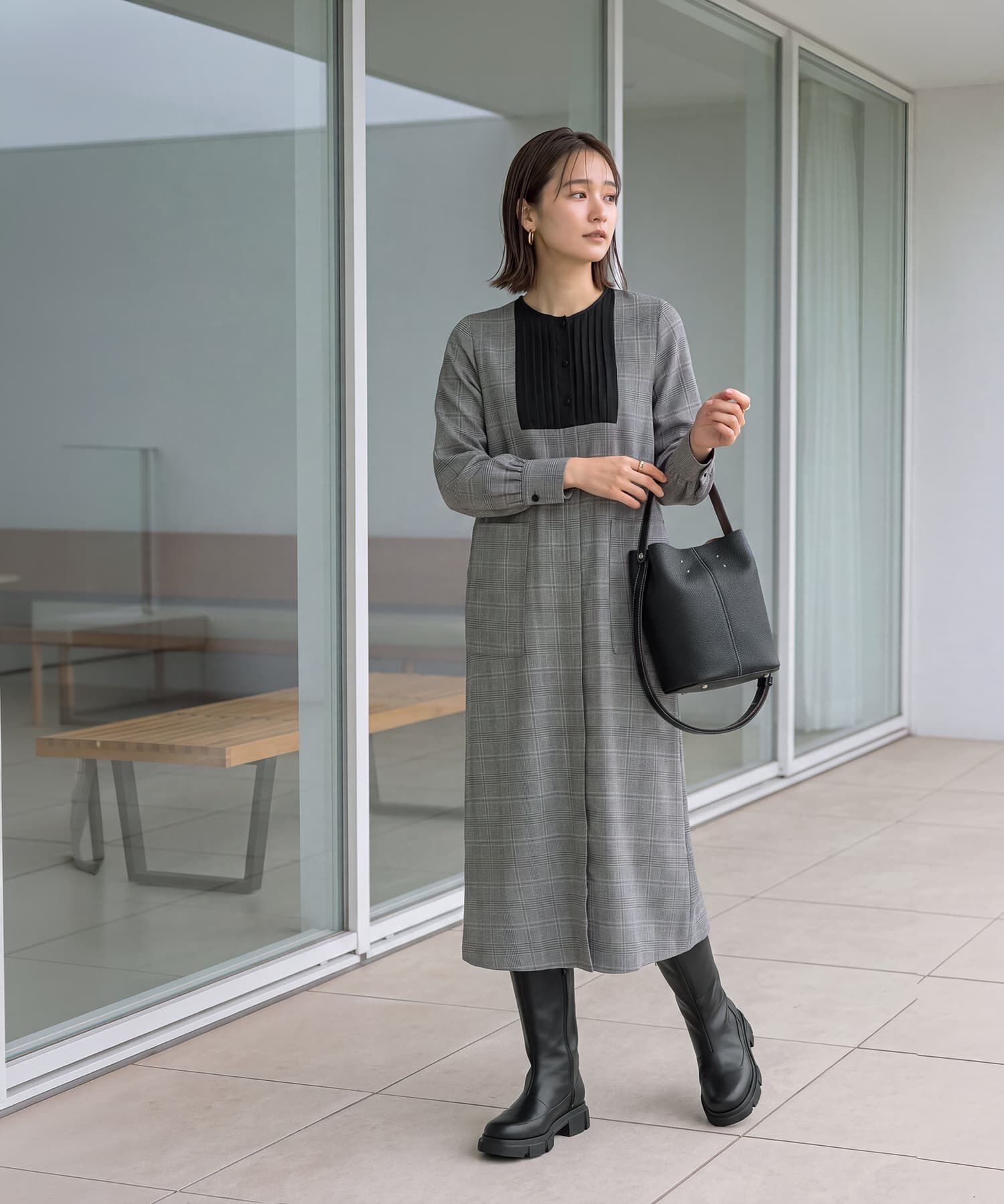 STYLE DELI「【LUXE】グレンチェック柄プリーツ切替ワンピース」|ワンピース|