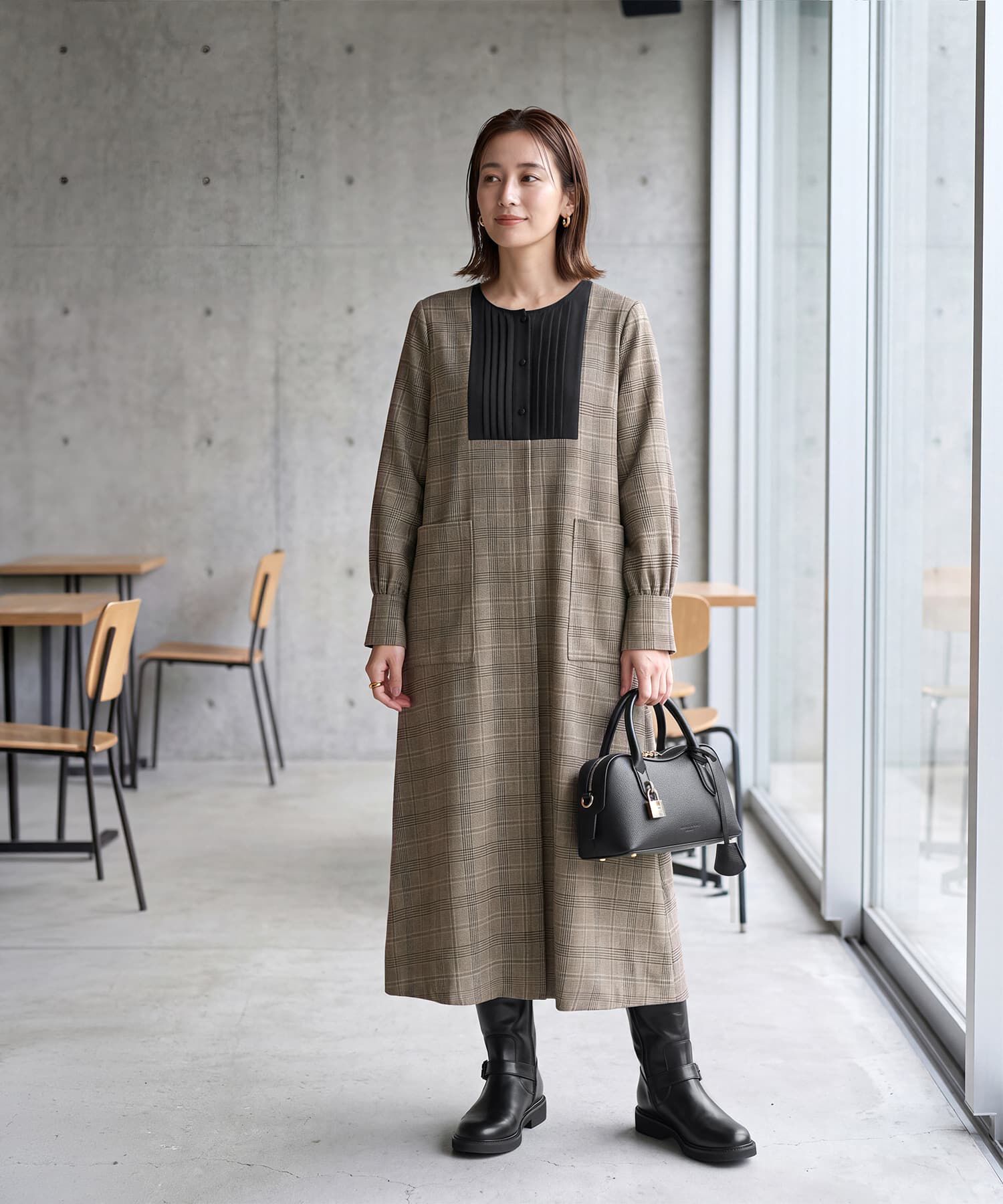 STYLE DELI「【LUXE】グレンチェック柄プリーツ切替ワンピース」|ワンピース|ブラウンミックス