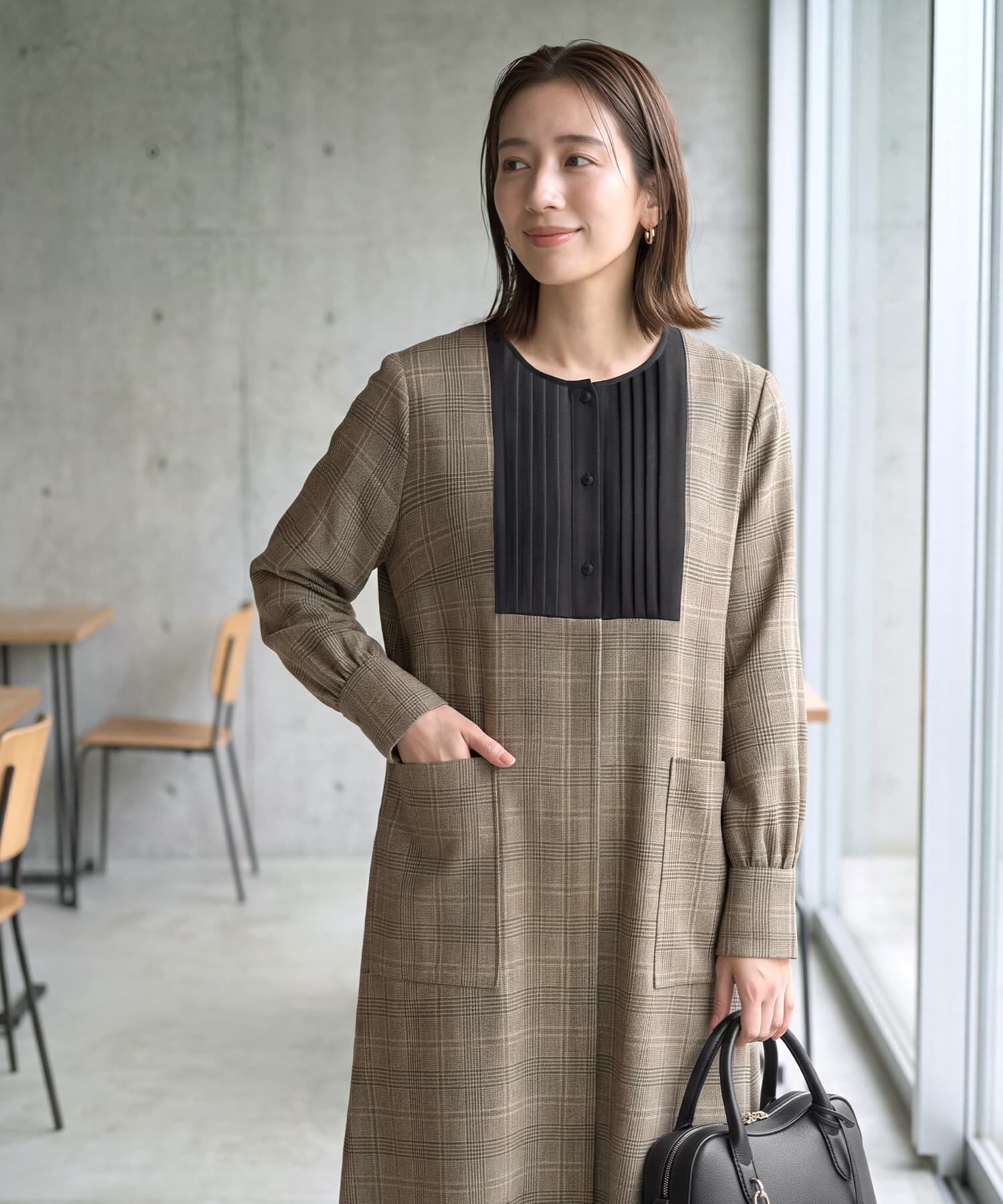 STYLE DELI「【LUXE】グレンチェック柄プリーツ切替ワンピース」|ワンピース|
