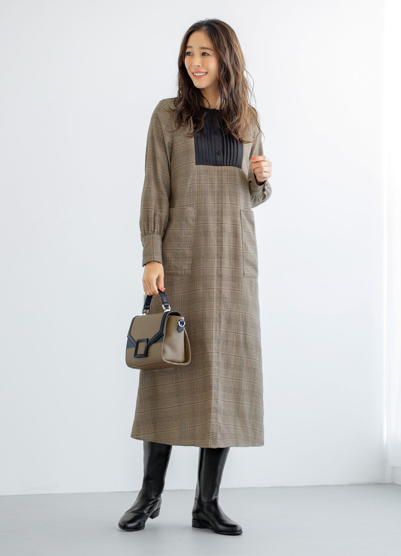 STYLE DELI「【LUXE】グレンチェック柄プリーツ切替ワンピース」|ワンピース|