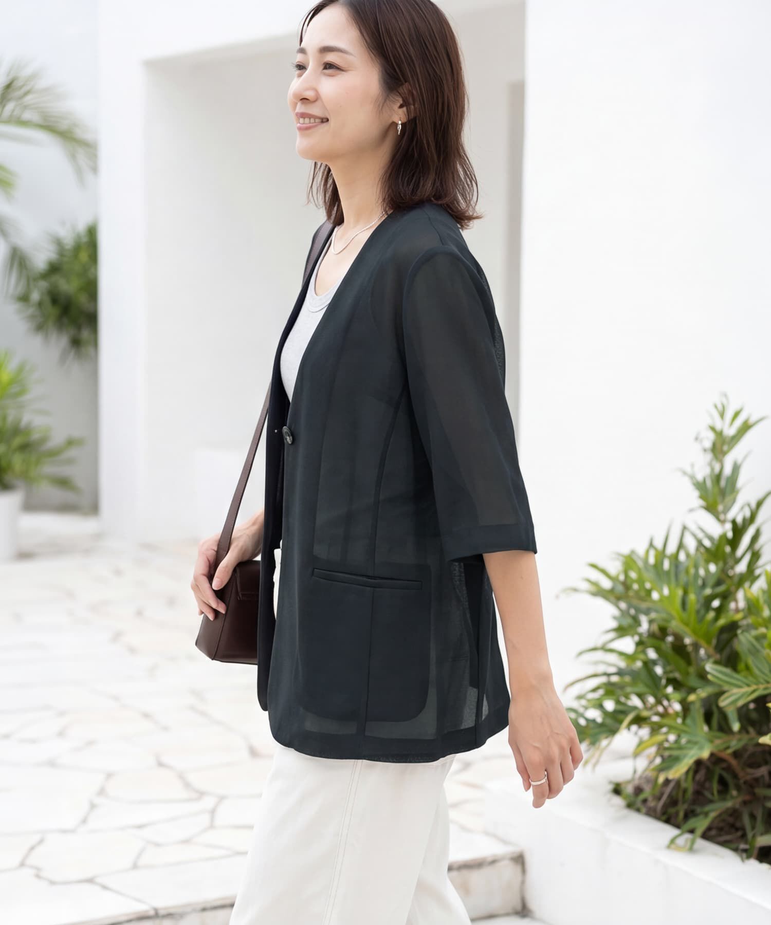 STYLE DELI「【selection】５分袖メッシュノーカラージャケット」|ノーカラージャケット|