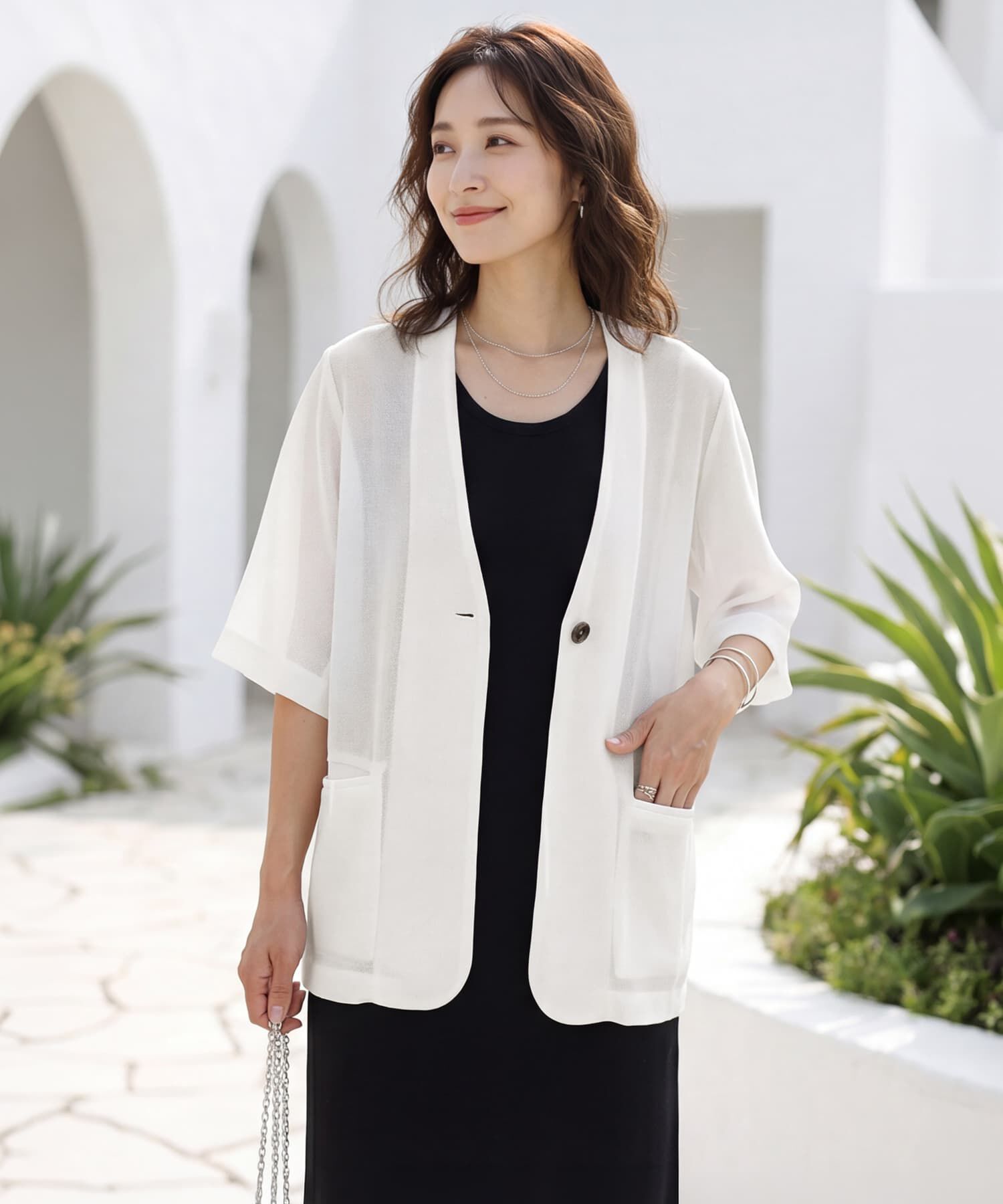 STYLE DELI「【selection】５分袖メッシュノーカラージャケット」|ノーカラージャケット|オフホワイト