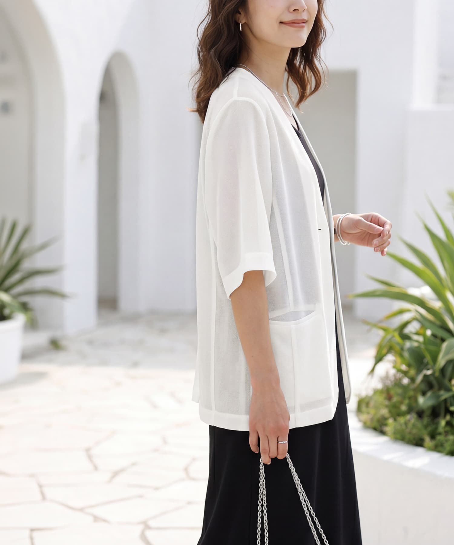 STYLE DELI「【selection】５分袖メッシュノーカラージャケット」|ノーカラージャケット|