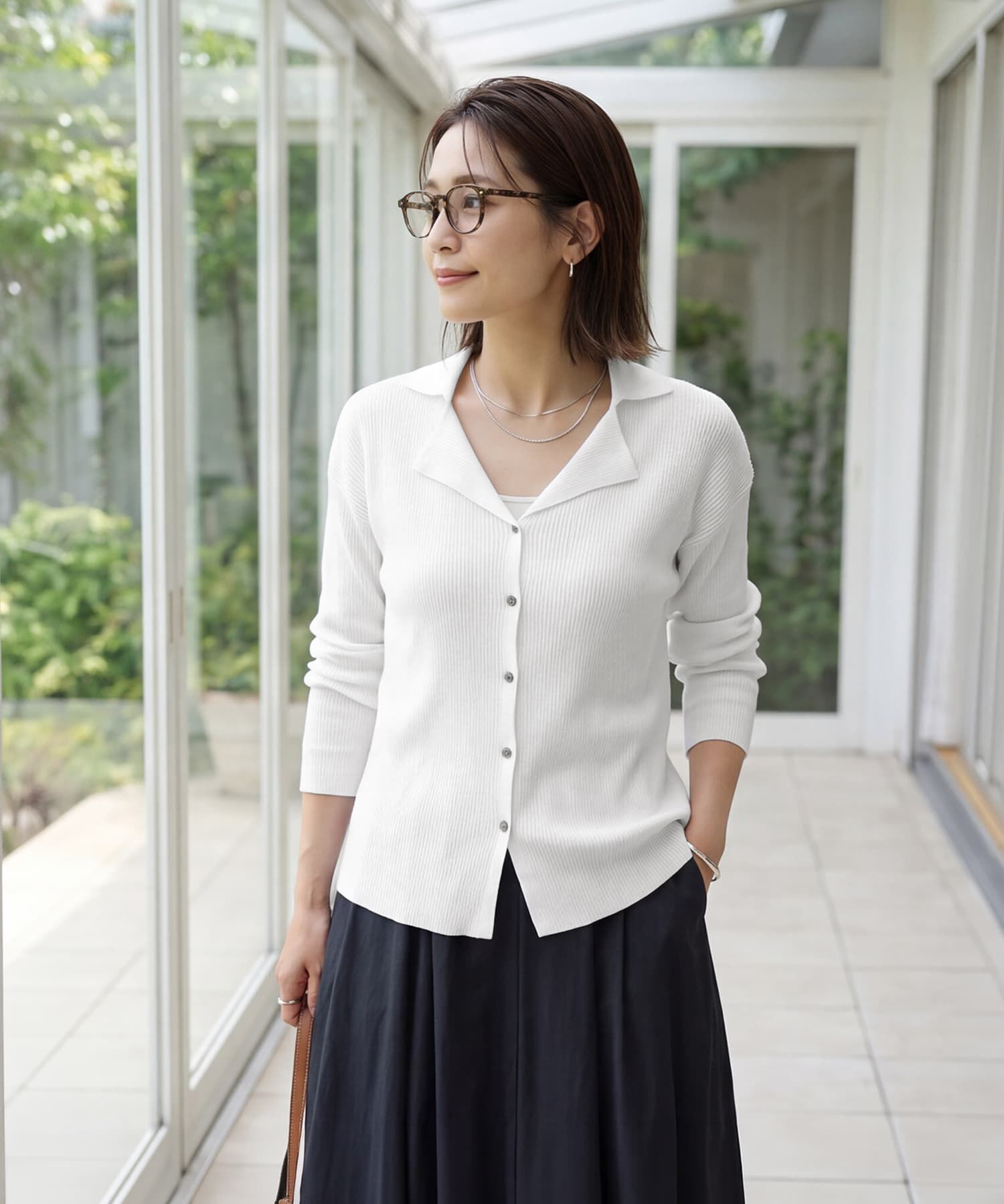 STYLE DELI「【LUXE】シャリ感リブ編みニットシャツ」|シャツ・ブラウス|ホワイトシルバー