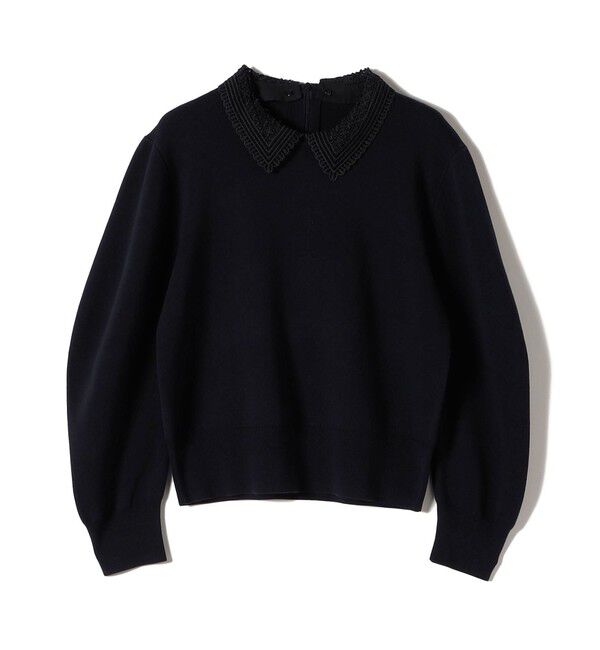 SHIPS for women「SHIPS Primary Navy Label:〈手洗い可能〉シルク混 レース 襟 プルオーバー」|ニット・セーター|ネイビー