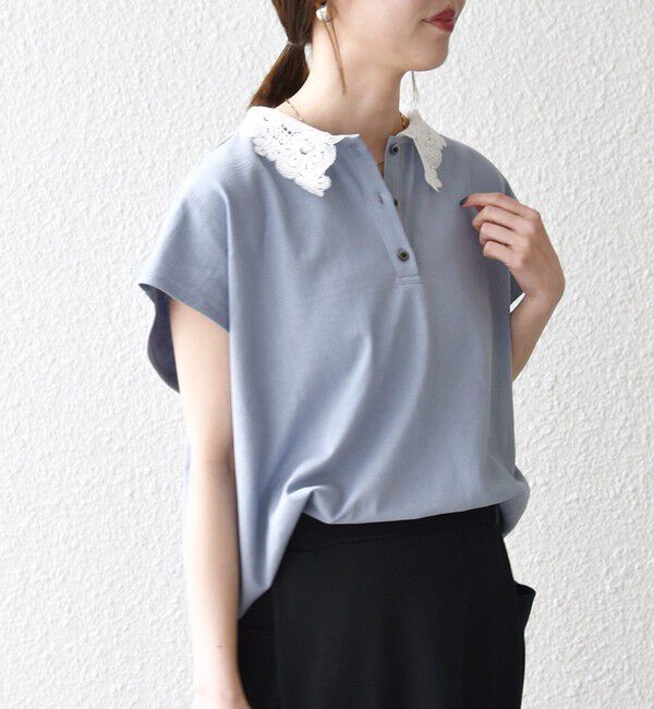 SHIPS any「SHIPS any:〈洗濯機可能〉レース カラー フレンチスリーブ ポロ プルオーバー」|Tシャツ・カットソー|
