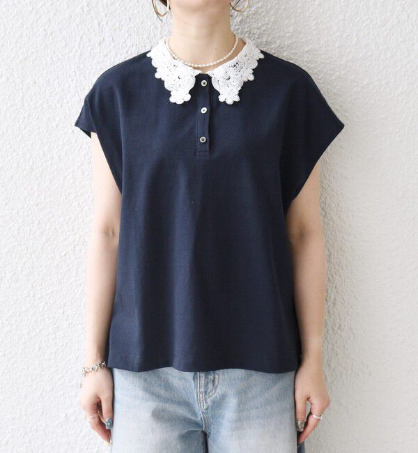 SHIPS any「SHIPS any:〈洗濯機可能〉レース カラー フレンチスリーブ ポロ プルオーバー」|Tシャツ・カットソー|
