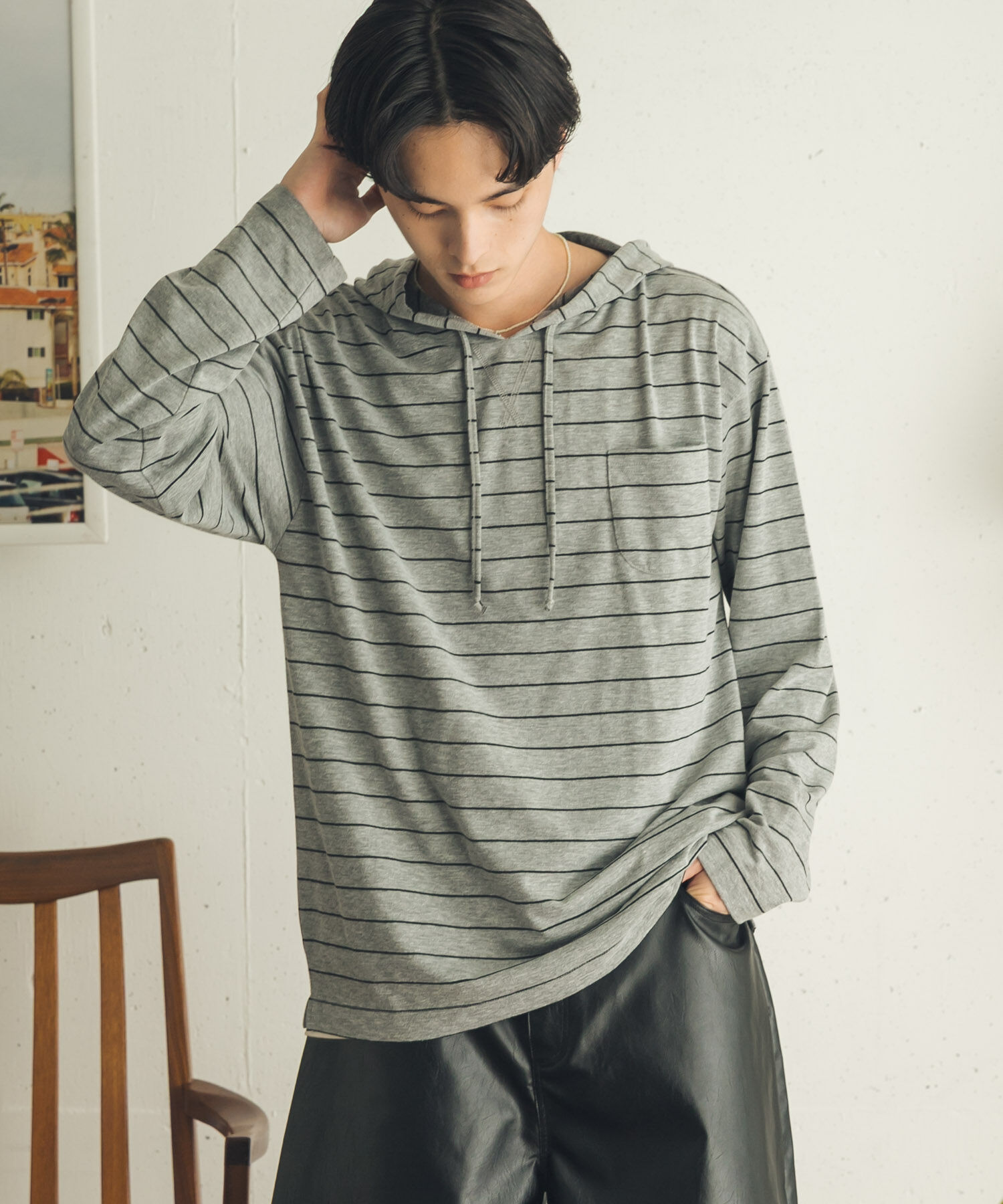 SENSE OF PLACE by URBAN RESEARCH「ボーダーフーディーロングTシャツ」|Tシャツ・カットソー|グレー