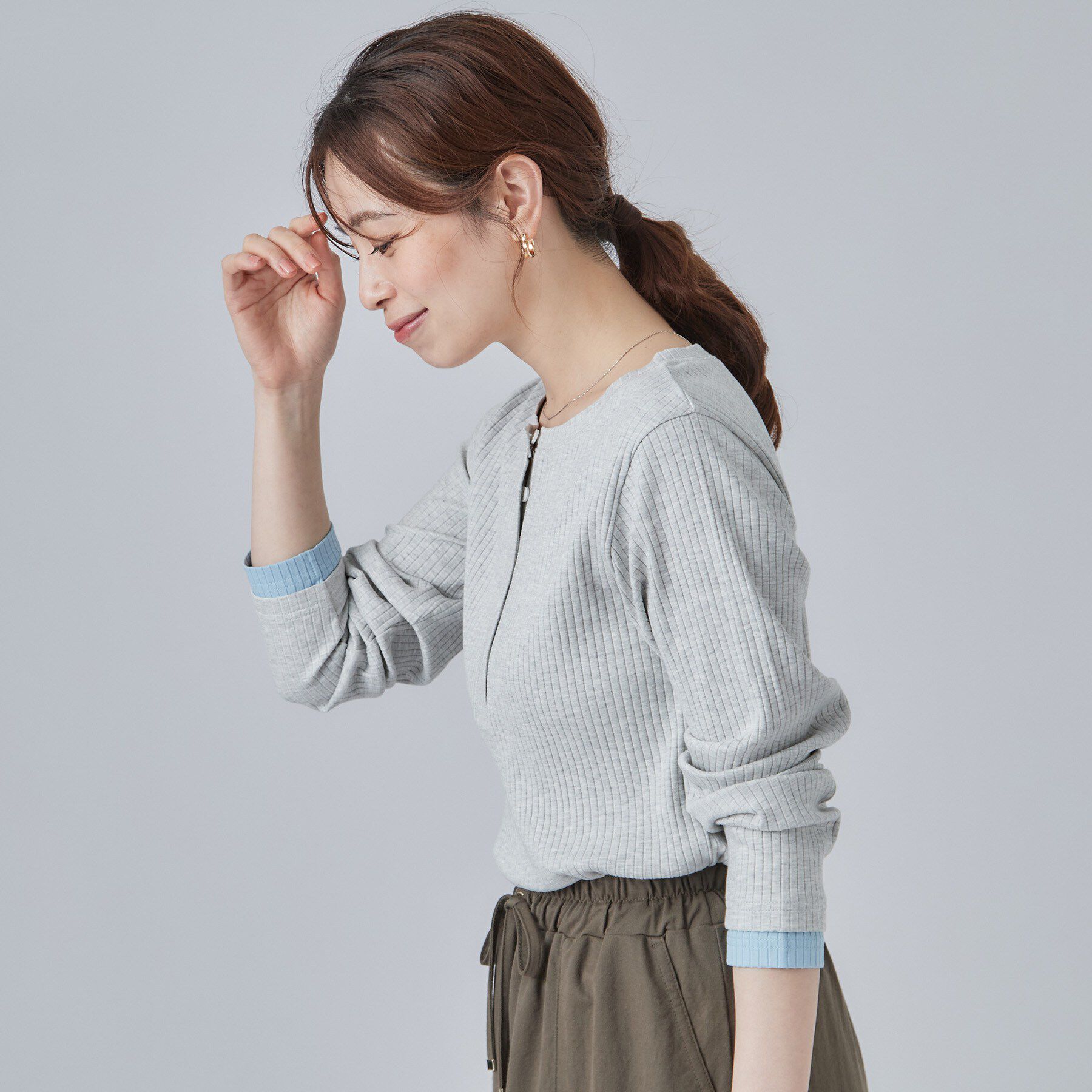 SHOO･LA･RUE「【洗濯機可/S-LL】縦ラインですっきり お袖配色リブトップス」|Tシャツ・カットソー|