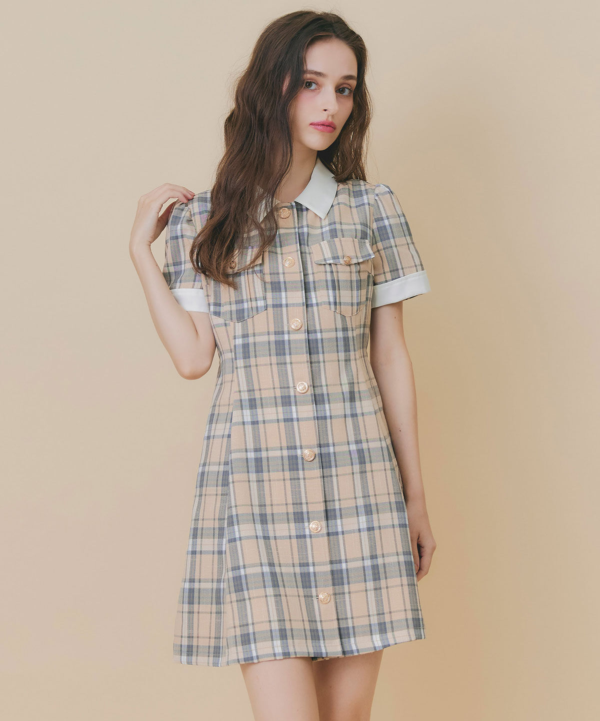 REDYAZEL「バイカラーチェックミニフレアシャツワンピース」|ワンピース|beige/ﾁｪｯｸ