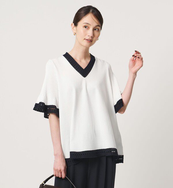 UNITED ARROWS「Vネック ニット ショートスリーブ チュニック」|ニット・セーター|OFF WHITE