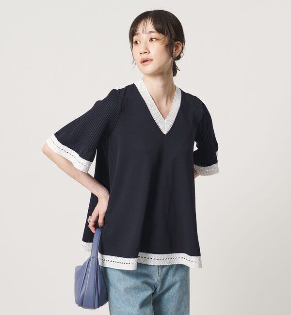 UNITED ARROWS「Vネック ニット ショートスリーブ チュニック」|ニット・セーター|NAVY