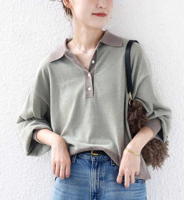 SHIPS for women「《予約》【WEB限定】〈手洗い可能〉モール パイル 配色 / ボーダー ポロ ニット」|ニット・セーター|ライトグリーン