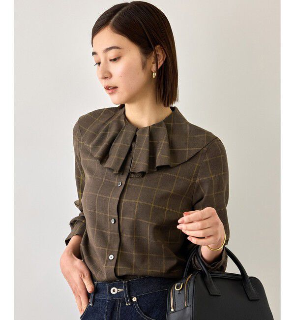 ROPE「【J'aDoRe・一部店舗限定サイズ】ラメチェックフリルカラーブラウス/セットアップ対応・イージーケア」|シャツ・ブラウス|ブラウン系(23)