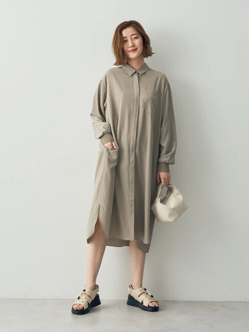 Editt by YECCA VECCA「リブ袖シャーリングシャツワンピース」|ワンピース|Gray Beige