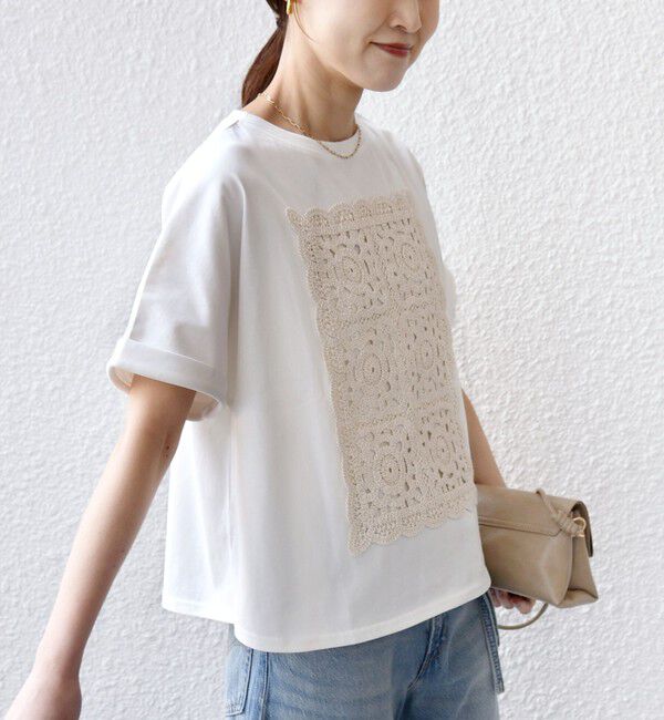 SHIPS for women「【WEB限定】〈汗染み防止/手洗い可能〉クロシェ レース ドッキング ショート スリーブ TEE」|Tシャツ・カットソー|