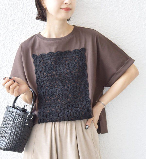 SHIPS for women「【WEB限定】〈汗染み防止/手洗い可能〉クロシェ レース ドッキング ショート スリーブ TEE」|Tシャツ・カットソー|ブラウン