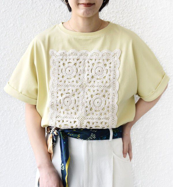 SHIPS for women「【WEB限定】〈汗染み防止/手洗い可能〉クロシェ レース ドッキング ショート スリーブ TEE」|Tシャツ・カットソー|