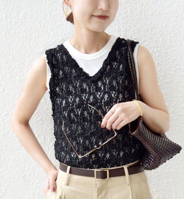 SHIPS for women「〈手洗い可能〉ラッセル レース 前後 2WAY ノースリーブ プルオーバー」|タンクトップ|