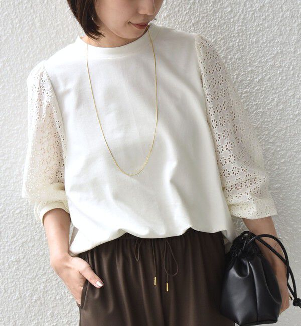 SHIPS Colors 「SHIPS Colors:〈手洗い可能〉ミニ裏毛 レース コンビ トップス◇」|Tシャツ・カットソー|