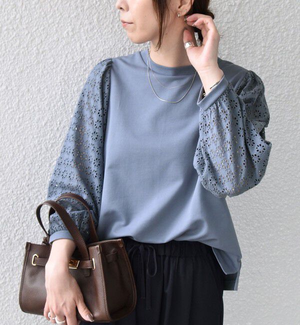 SHIPS Colors 「SHIPS Colors:〈手洗い可能〉ミニ裏毛 レース コンビ トップス◇」|Tシャツ・カットソー|ライトブルー