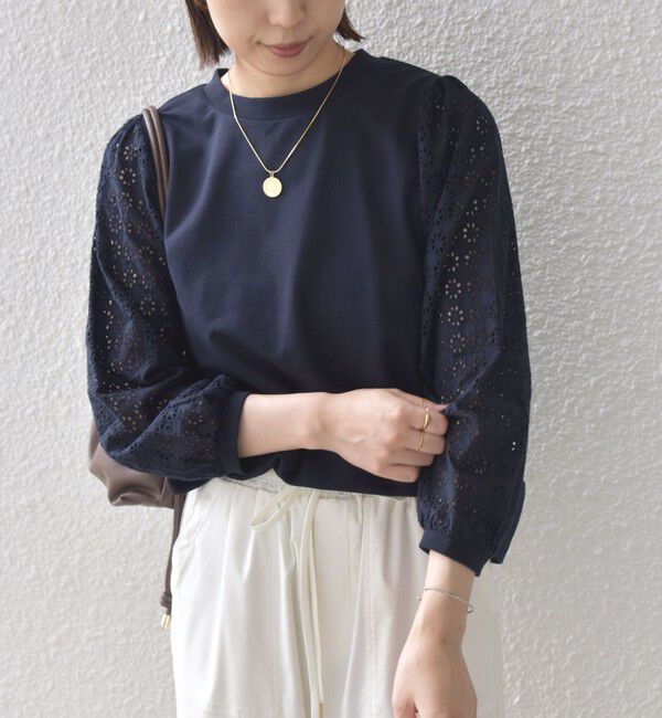 SHIPS Colors 「SHIPS Colors:〈手洗い可能〉ミニ裏毛 レース コンビ トップス◇」|Tシャツ・カットソー|ネイビー