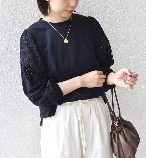 SHIPS Colors 「SHIPS Colors:〈手洗い可能〉ミニ裏毛 レース コンビ トップス◇」|Tシャツ・カットソー|