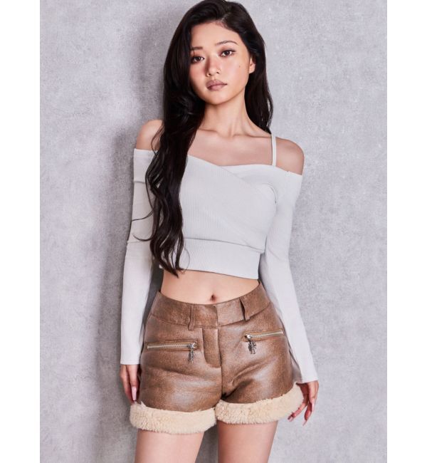 GYDA「ラメテレコカシュクールデザインオフショルトップス」|Tシャツ・カットソー|