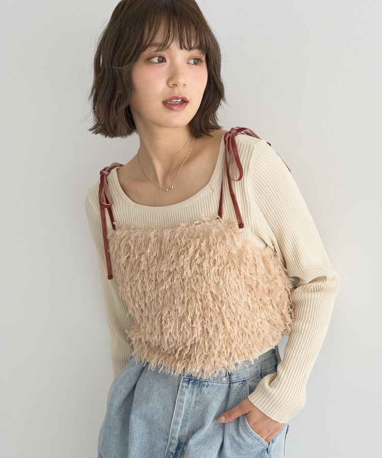 earth music&ecology「ベロアリボンフェザービスチェ」|ベスト・ジレ|Beige