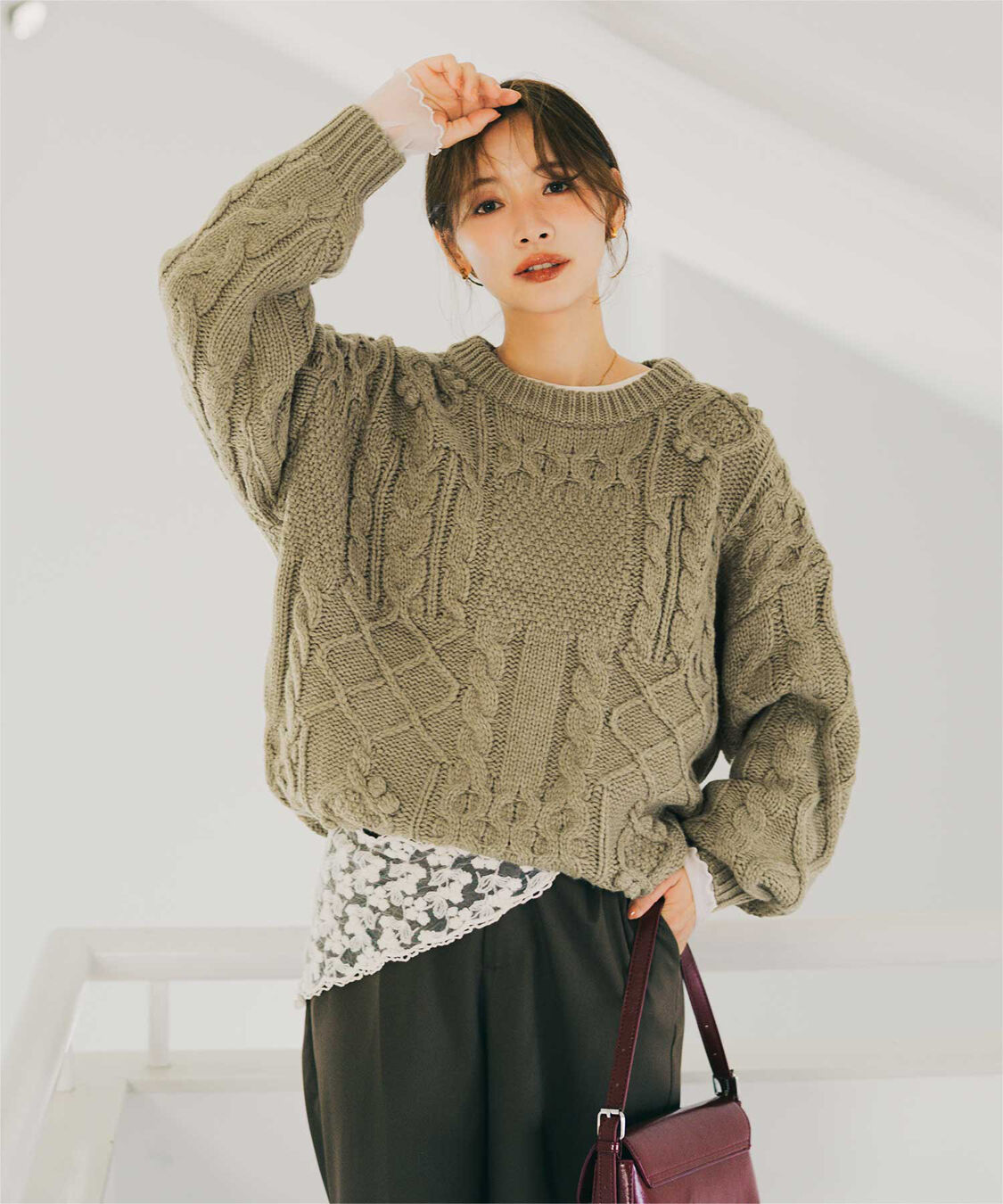 titivate「【赤埴奈津子さんコラボアイテム】パッチワークケーブル柄ニット」|ニット・セーター|