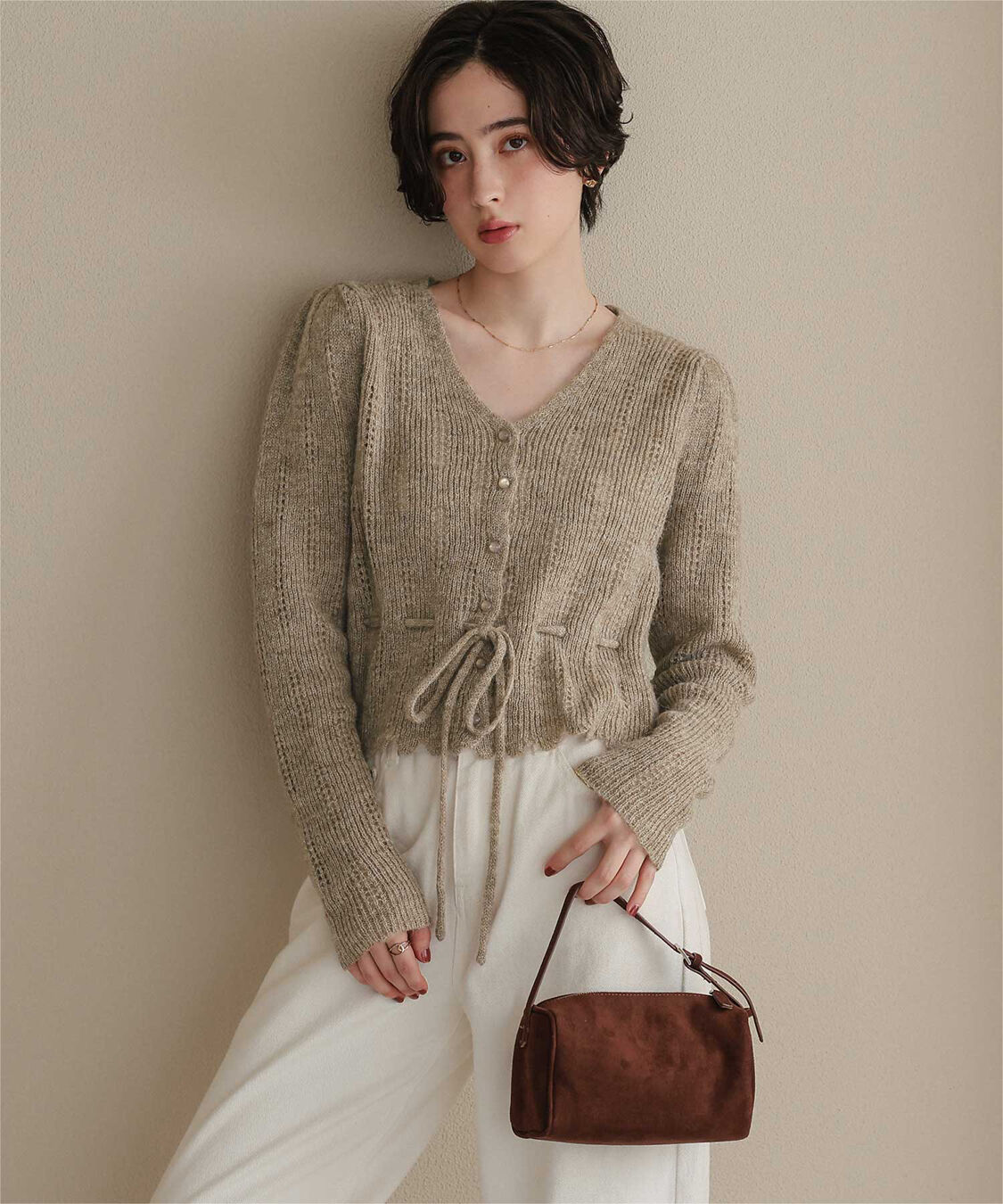 titivate「【赤埴奈津子さんコラボアイテム】ウエストドロストニットカーディガン」|ニット・セーター|ライトブラウン