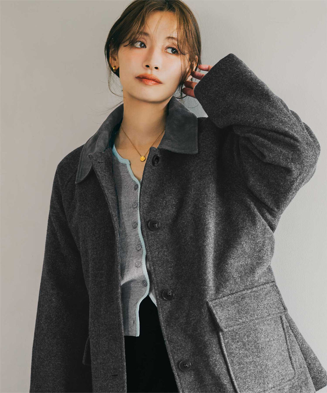 titivate「【赤埴奈津子さんコラボアイテム】ステンカラージャケットコート/ウエストリボンベルト付き」|ステンカラーコート|チャコール