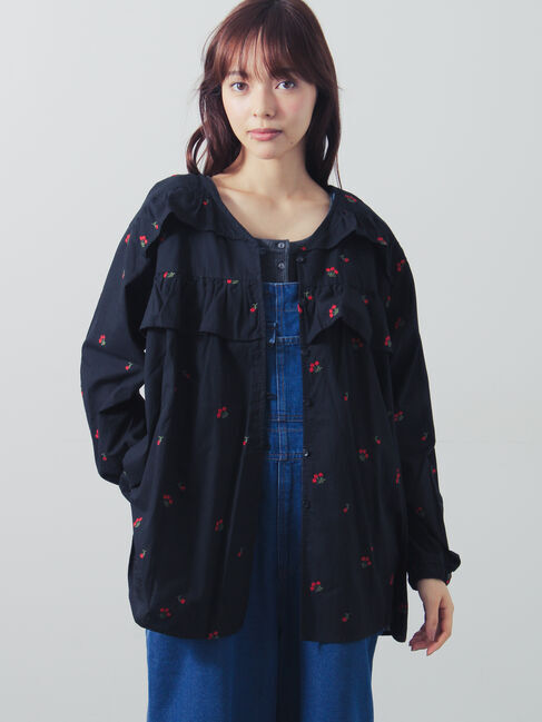 Samansa Mos2「花刺繍チュニック」|シャツ・ブラウス|ブラック