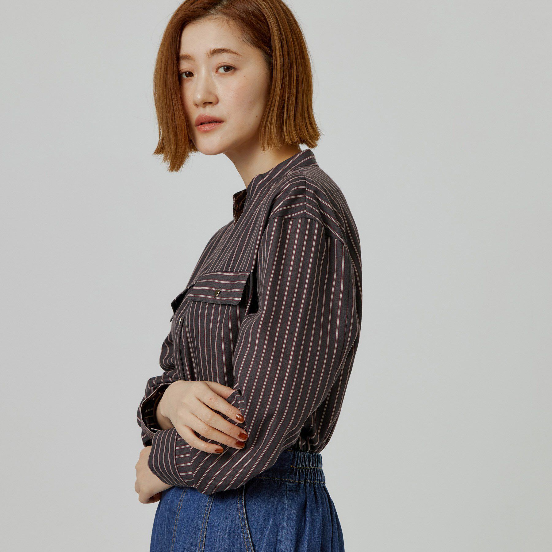 grove「【防しわ】顔周りをすっきり見せる バンドカラースキッパーシャツ」|シャツ・ブラウス|