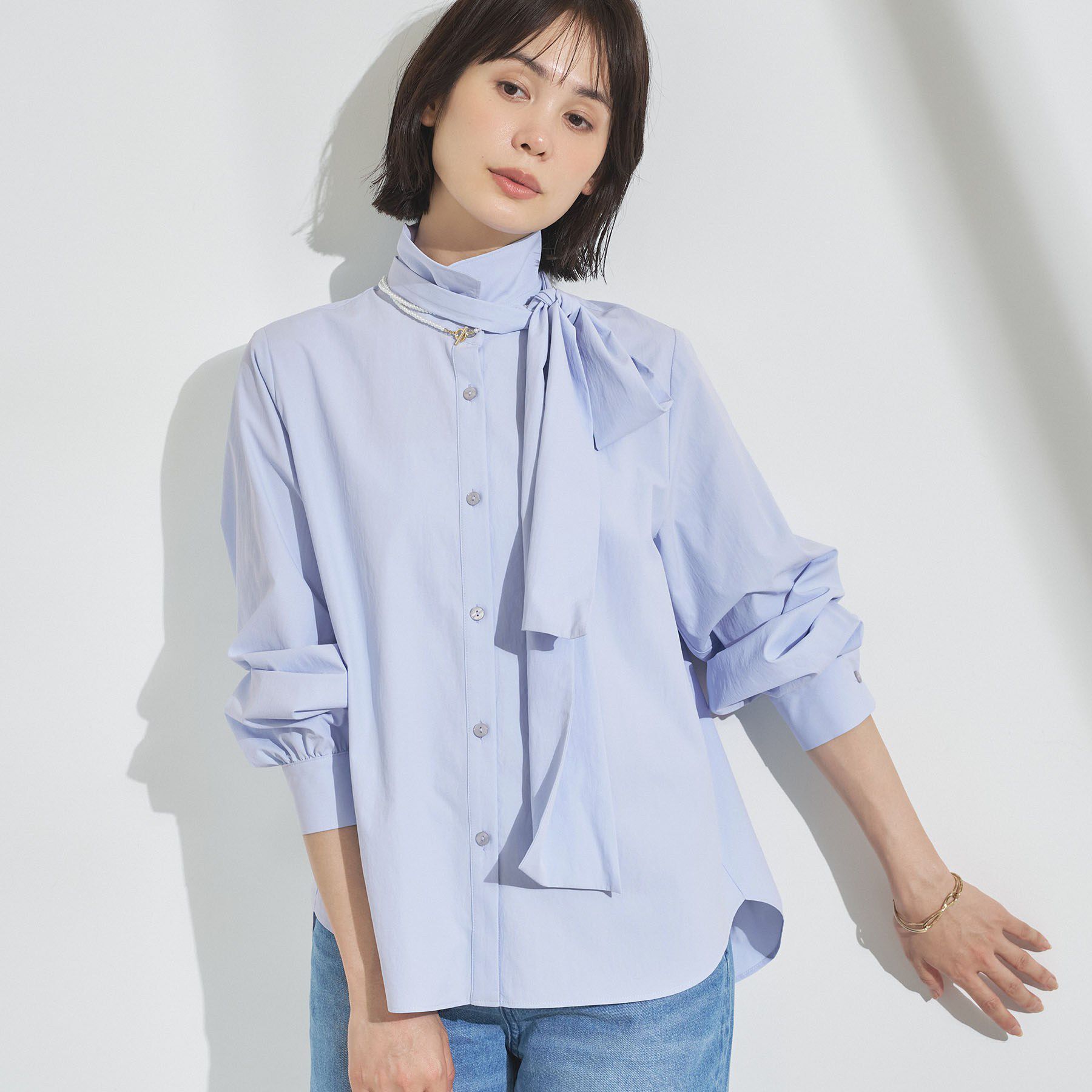 INDIVI「【接触冷感／ストレッチ◎】取外し可ボウタイシャツ」|シャツ・ブラウス|ブルー(091)