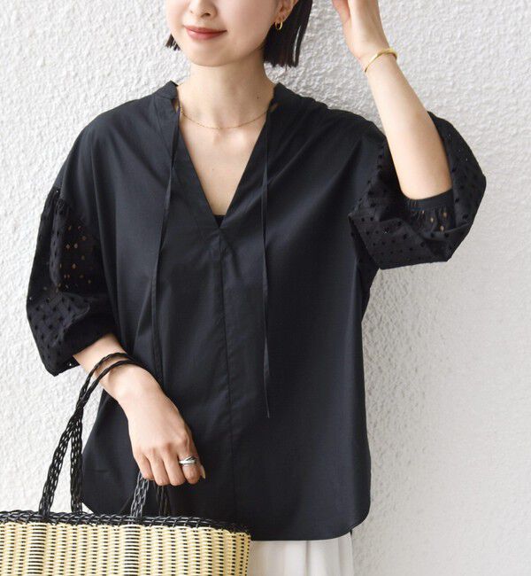 SHIPS for women「〈手洗い可能〉カットワーク レース スリーブ ブラウス」|シャツ・ブラウス|ブラック