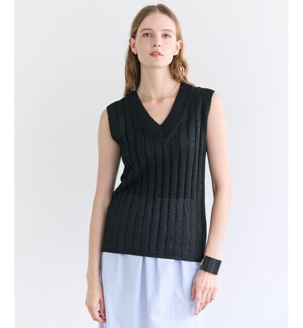 BEIGE,「【BAILA掲載】OPTICAL /  ペーパーヤーン Vネックリブニット」|ニット・セーター|Black