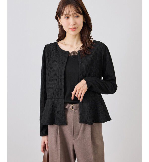 Rope&rsquo;Picnic「カットジャガードペプラムカーディガントップス/前後2WAY」|Tシャツ・カットソー|ブラック(01)