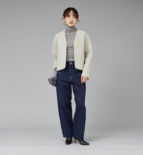 qualite「ボンディングショートコート」|ノーカラーコート|