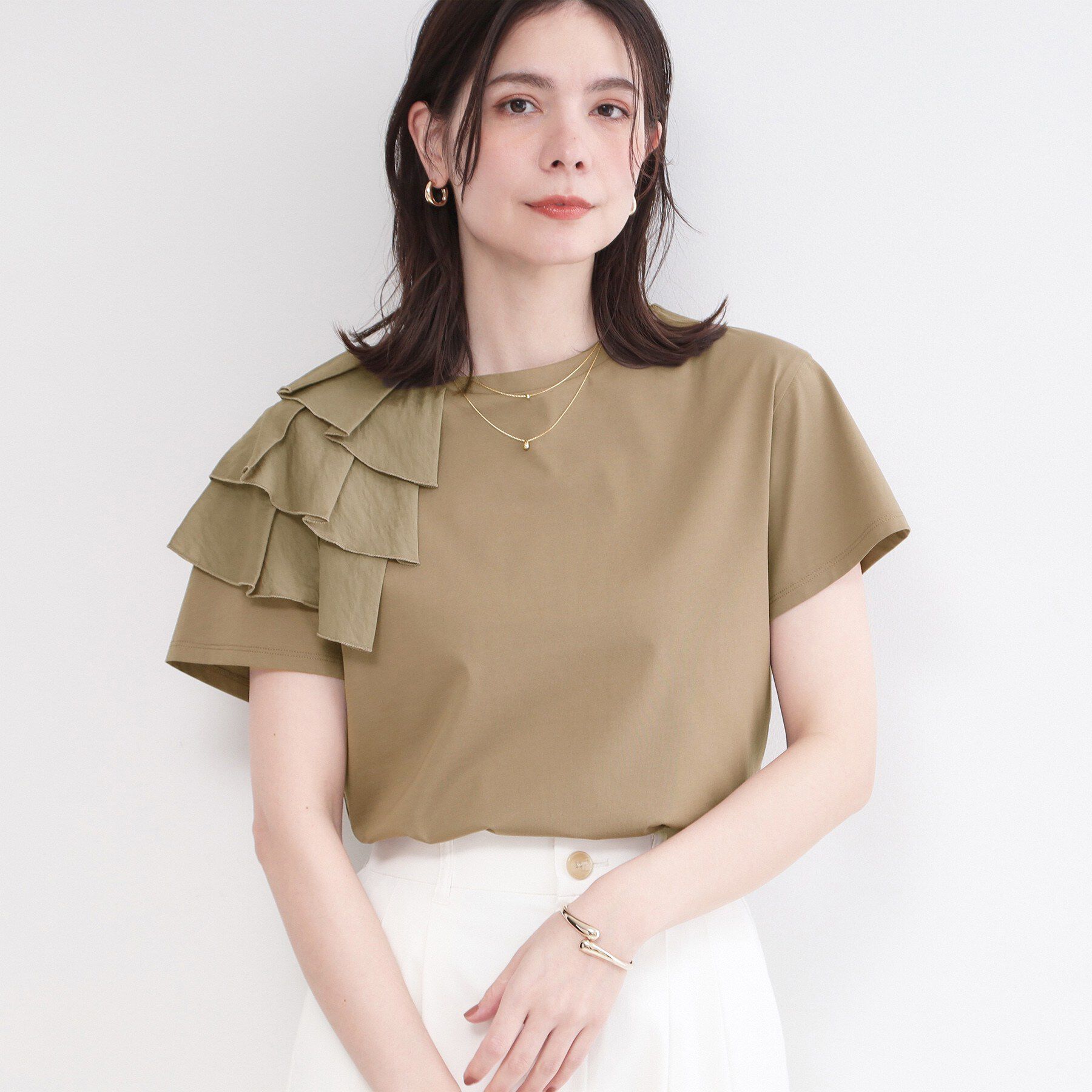 OPAQUE.CLIP「【接触冷感】アシメフリルドッキングカットソー《UVケア／洗濯機OK》」|Tシャツ・カットソー|モカブラウン(042