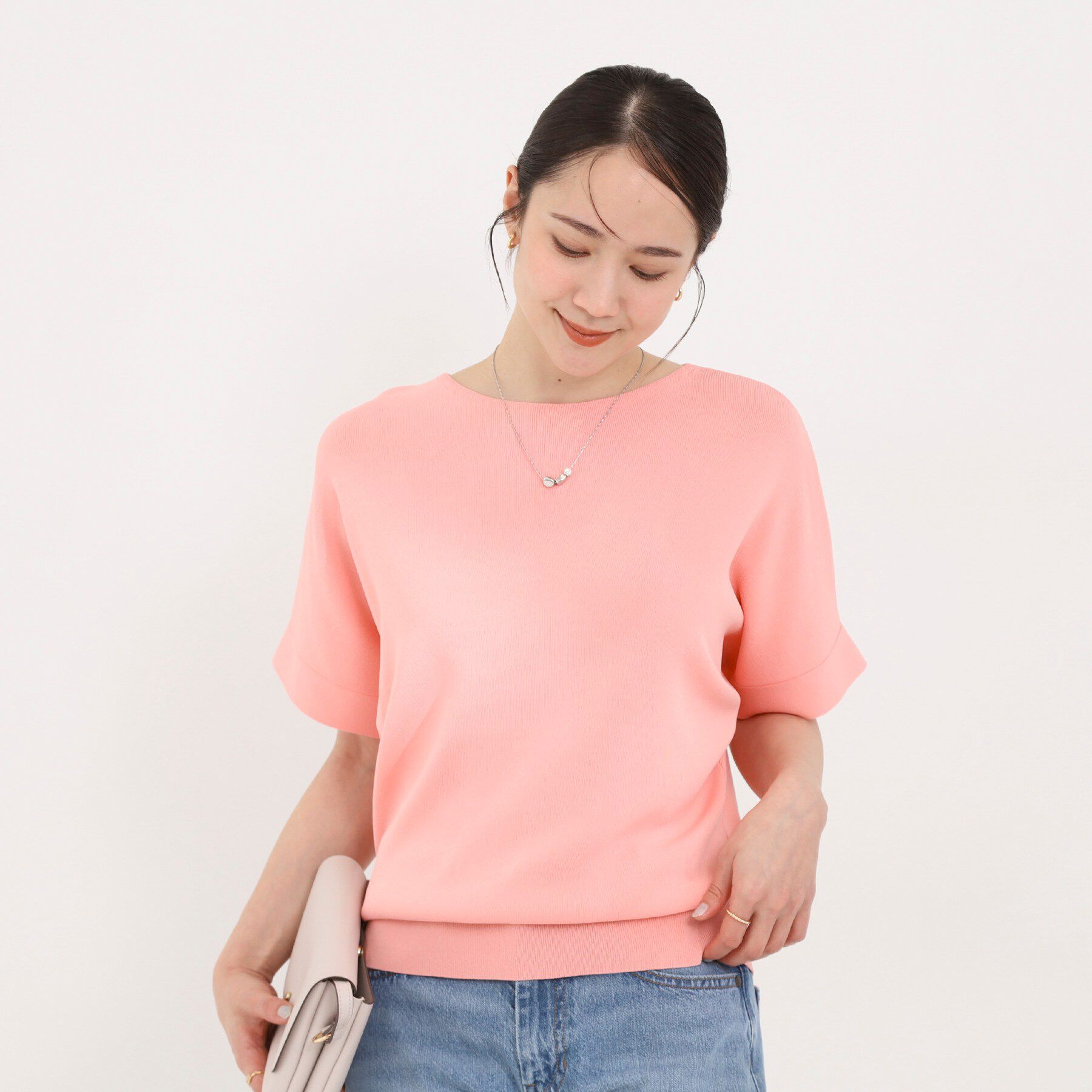 SHOO･LA･RUE「【毎日洗える/UV】二の腕隠れる さらっとドルマン半袖ニット」|ニット・セーター|