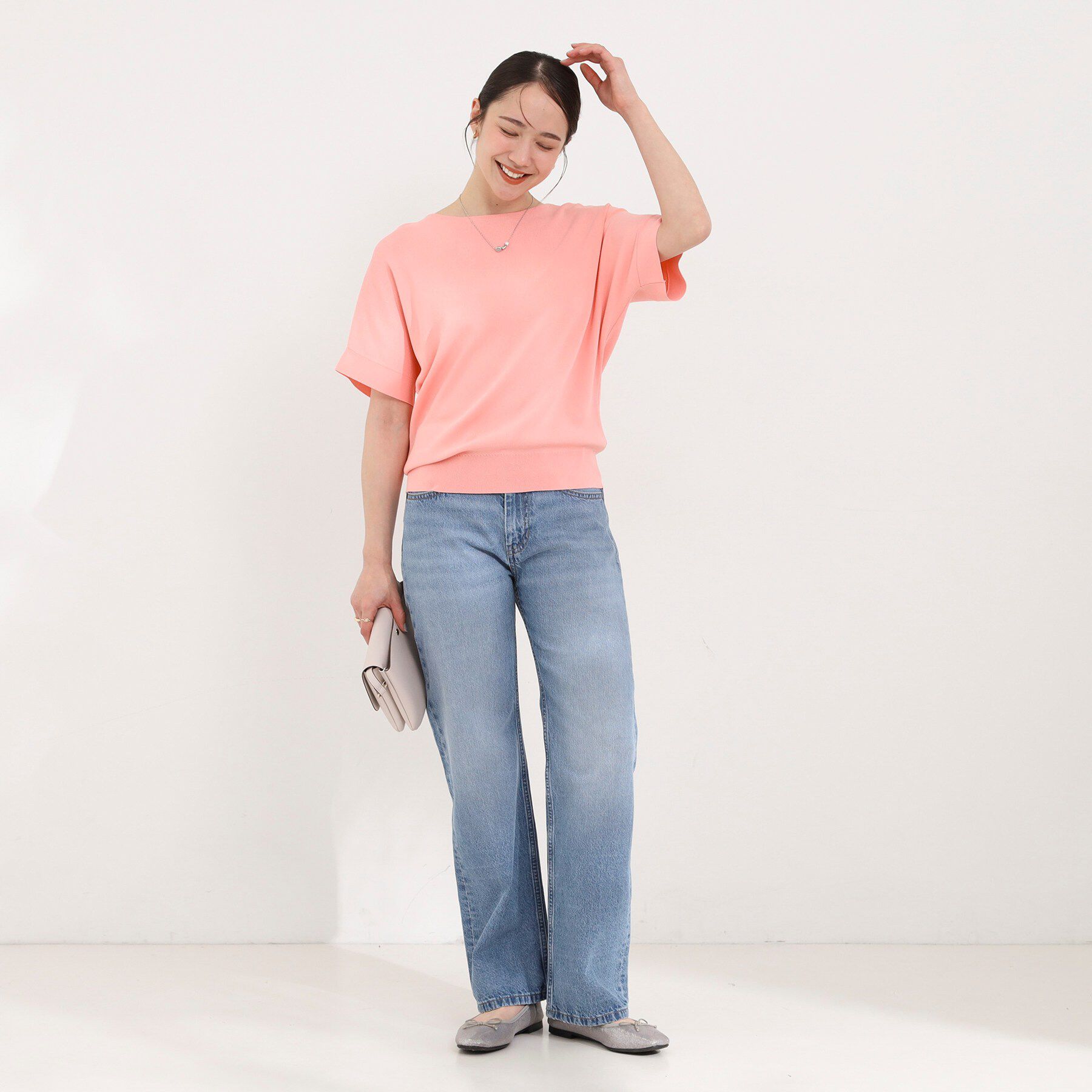 SHOO･LA･RUE「【毎日洗える/UV】二の腕隠れる さらっとドルマン半袖ニット」|ニット・セーター|