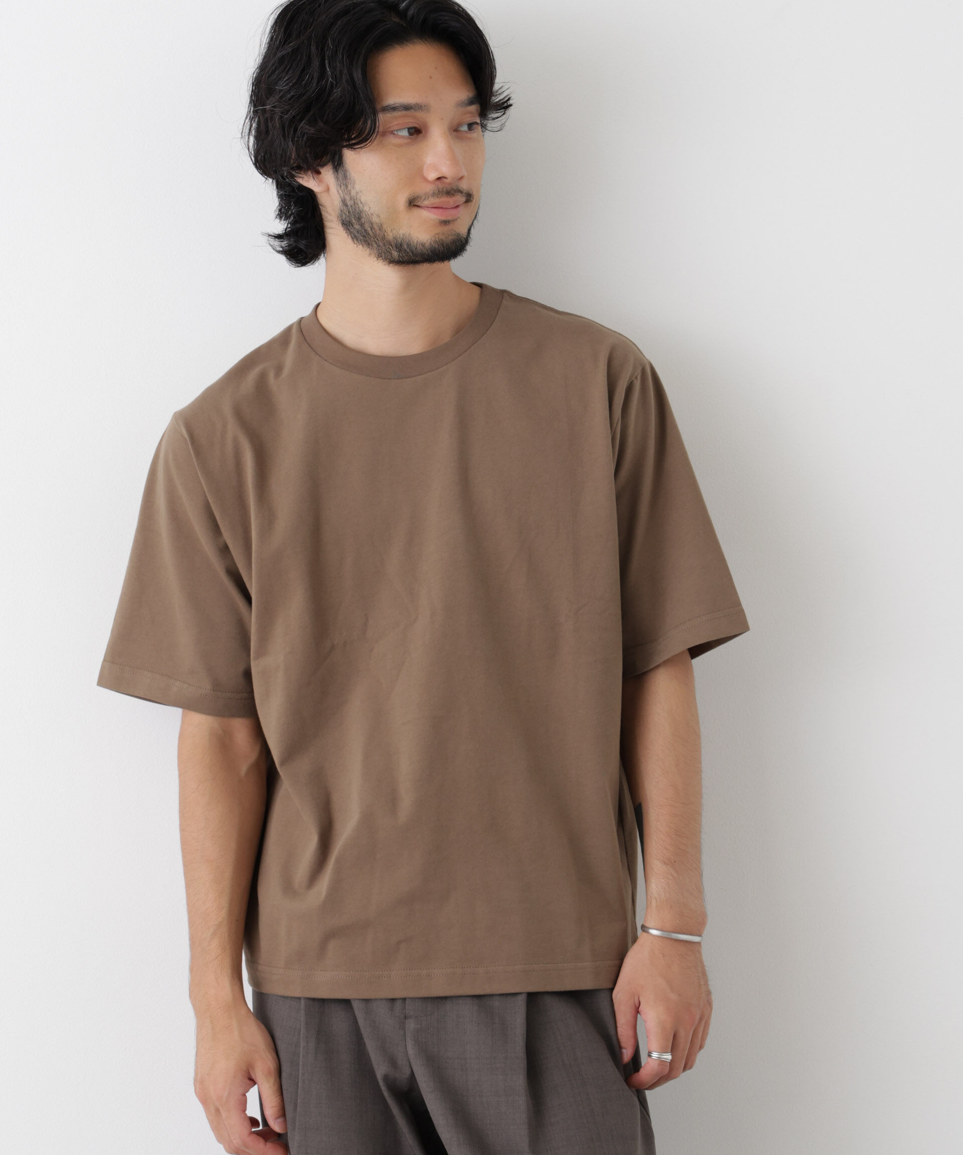 NANO universe「微起毛クロップドTシャツ 半袖」|Tシャツ・カットソー|カーキ