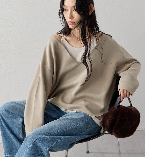  「【キャミソール付き】ダンボールVネックプルオーバー」|Tシャツ・カットソー|