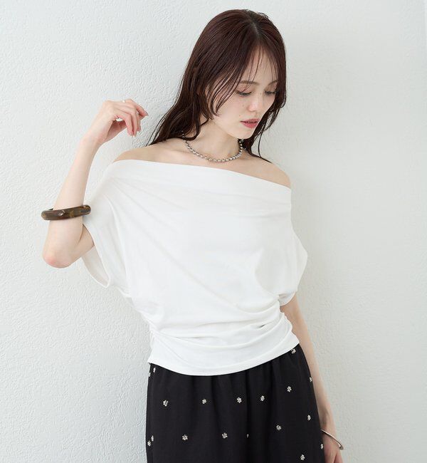  「サイドギャザーオフショルTシャツ」|Tシャツ・カットソー|
